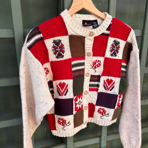 Liz Claiborne Sweaters - Vintage 90s LizSport Patchwork "Grandma" Cottagecore Cardigan Sweater